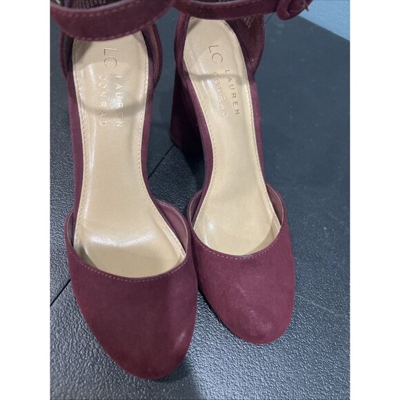 LAUREN CONRAD HIGH HEEL SUEDE SHOES 6.5 BURGUNDY Ankle Strap Formal Bridesmaid - Picture 2 of 6